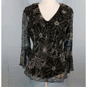 Anne Carson Blouse 100% Silk Black & White Floral Sheer 3/4 Sleeves Lined Medium